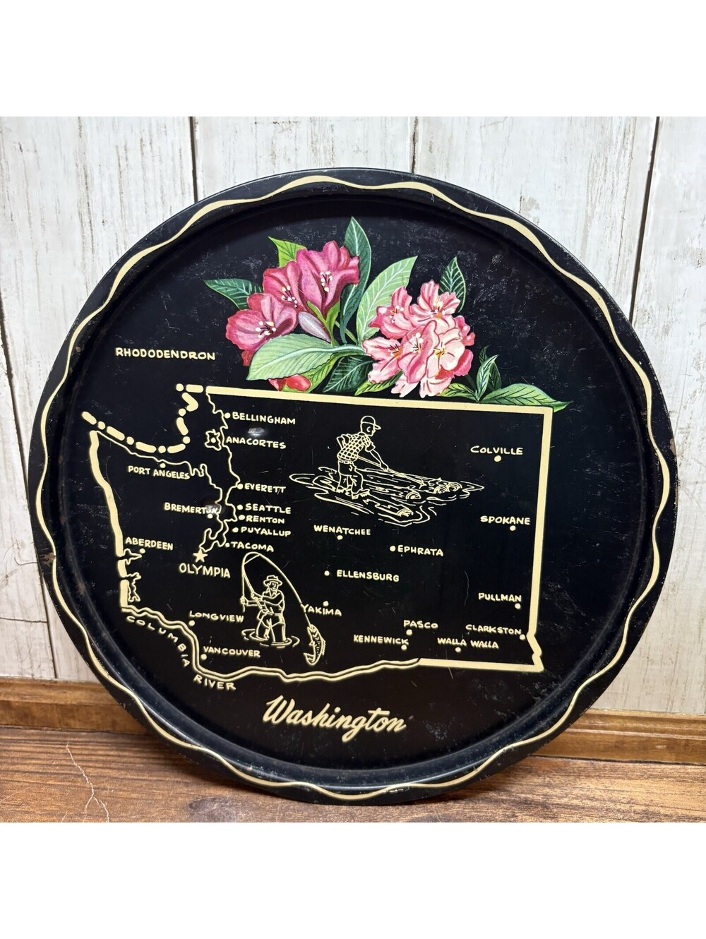 Vintage Washington State 11in Black Metal Wall Decor Serving Tray Rhododendron